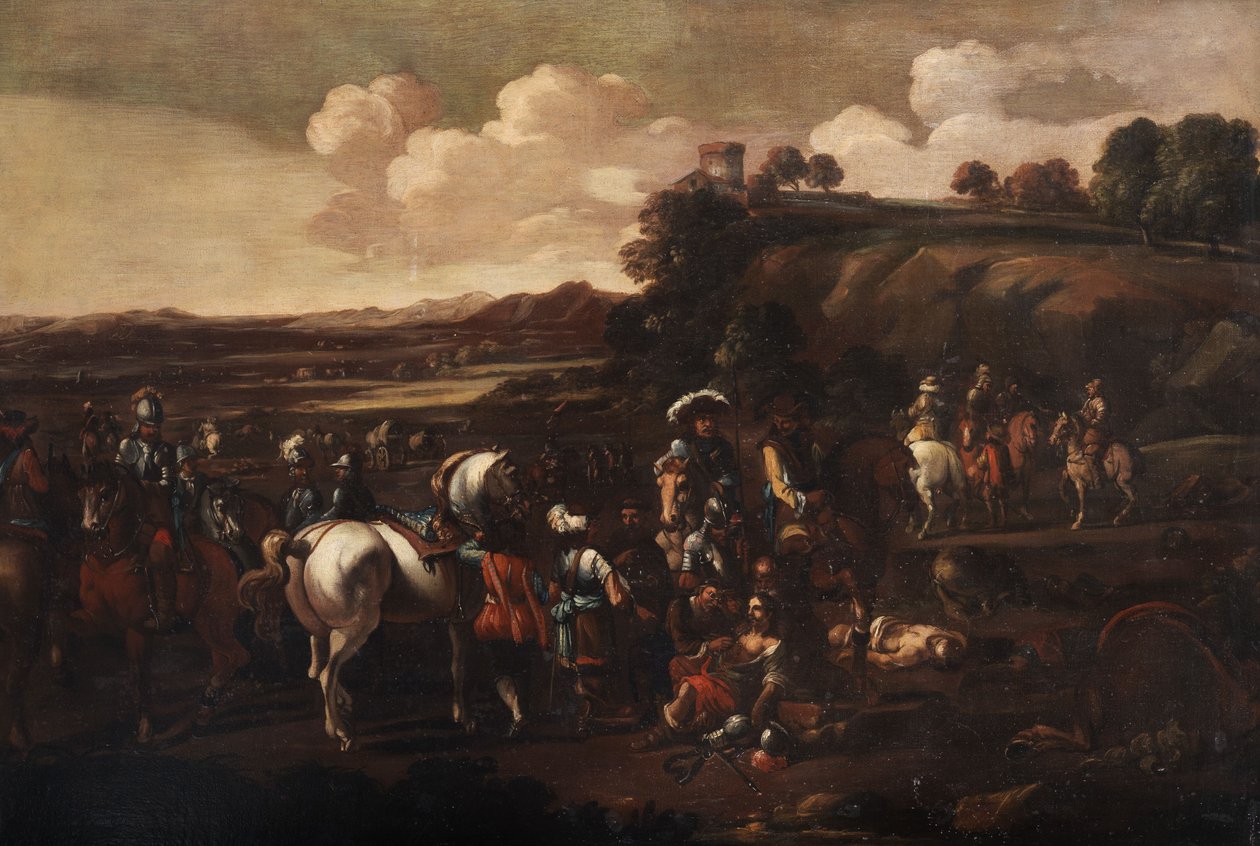 Savaşçılı bir cerrahla yapılan savaştan sonra kalanlar. by Circle of Michelangelo Cerquozzi
