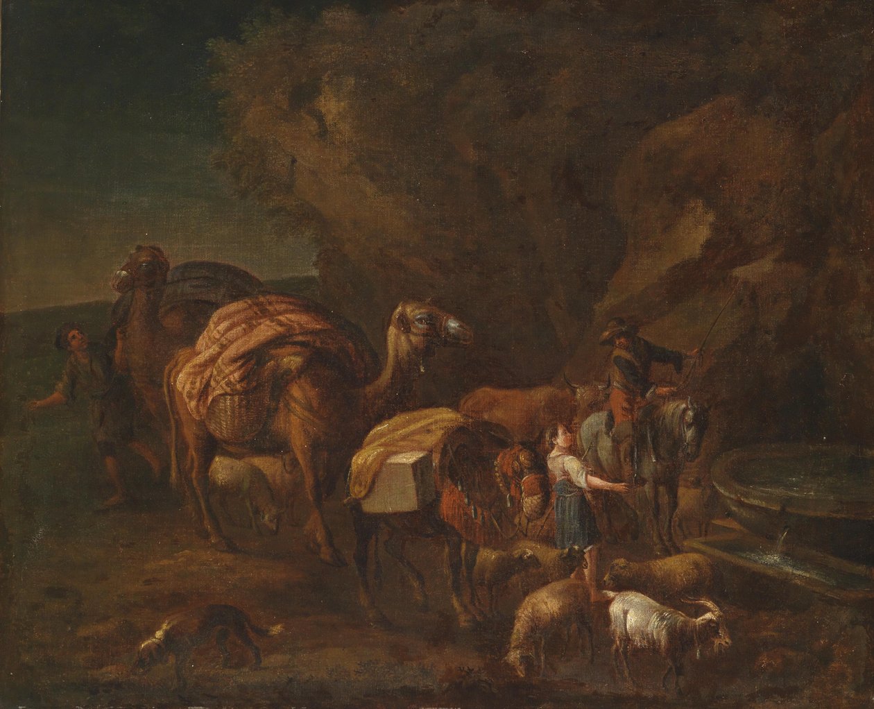 Deve sürücüleri ve sığır çobanları ile oryantal manzara by Circle of Nicolaes Pieterszoon Berchem
