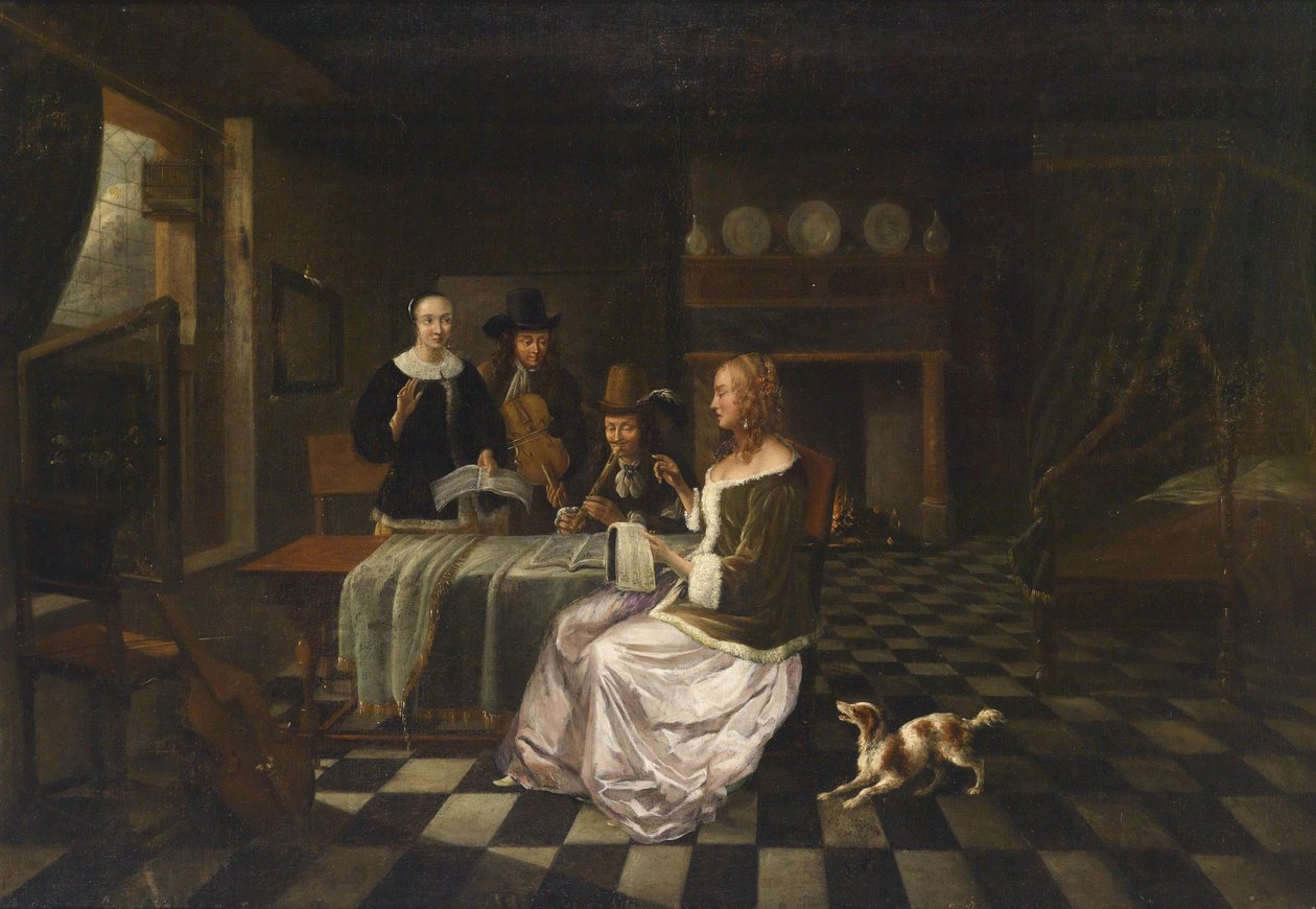 Dört kişi ile burjuva iç by Circle of Pieter de Hooch