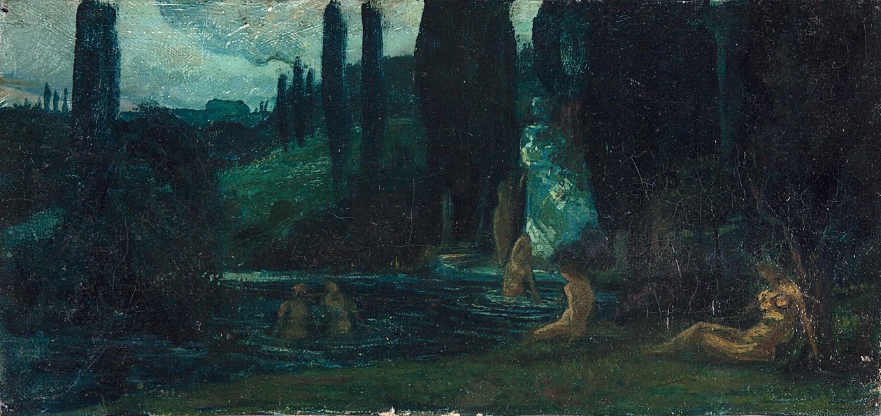 Güney manzarasında akşamları banyo yapan kadınlar by Circle of Arnold Böcklin