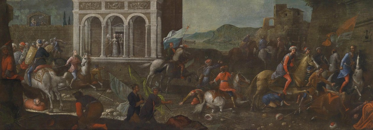 Sienalı Aziz Catherine, bir şehri Türklere karşı savunurken by circle of Vittore Carpaccio