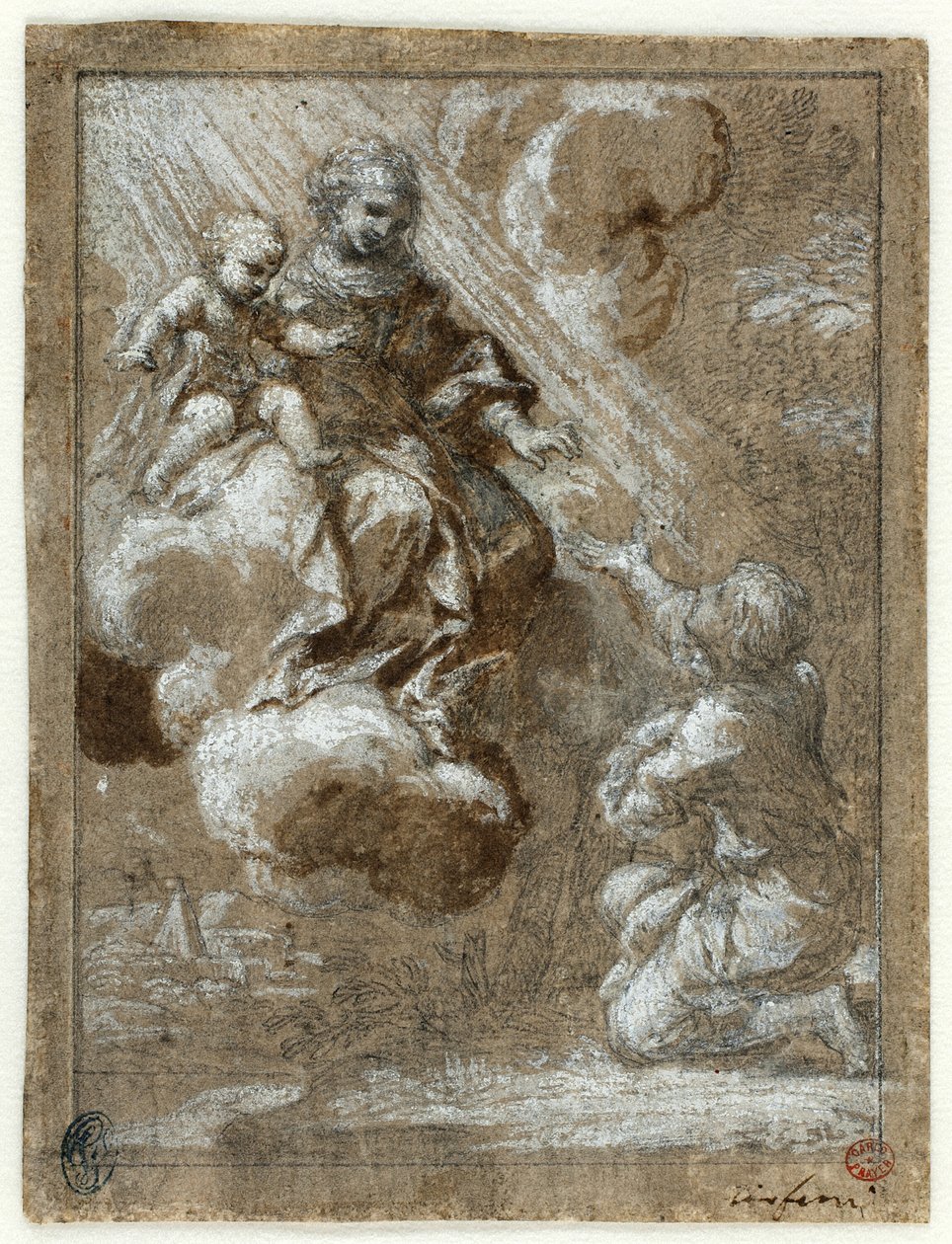 Madonna ve Şanlı Çocuk Diz çökmüş bir genç adama benziyor by Ciro Ferri