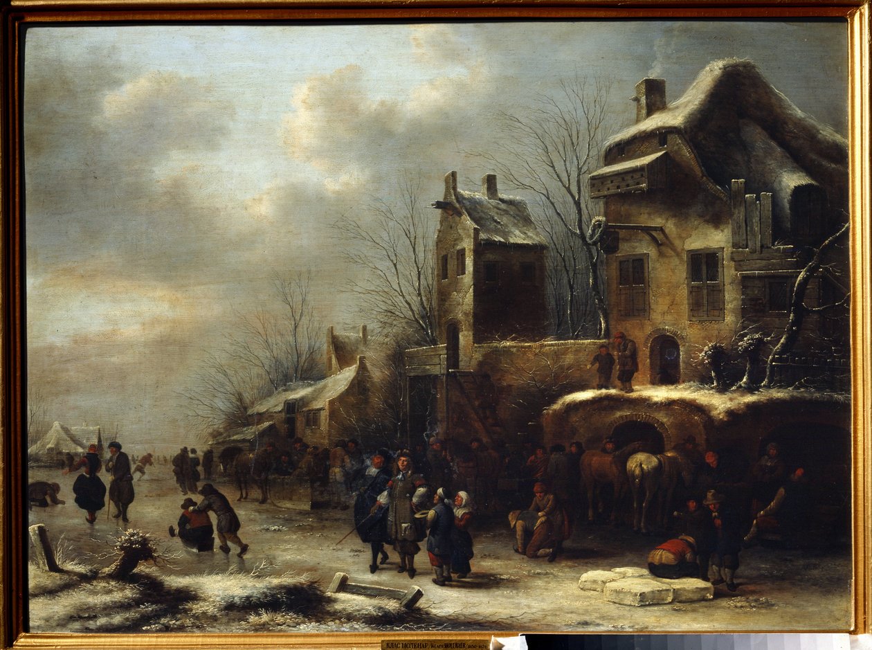 Bir nehir üzerinde buz pateni pisti. Claes Molenaer (Klaes Molenaer) tarafından yapılan tablo by Claes  Molenaer