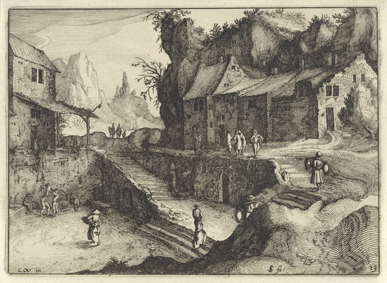 Evleri ve merdivenleri olan dağ köyü Hollanda manzaraları (dizi başlığı) Amaeniores Aliquot Regiunculae (nesne üzerinde dizi başlığı) by Claes Jansz. Visscher (II)