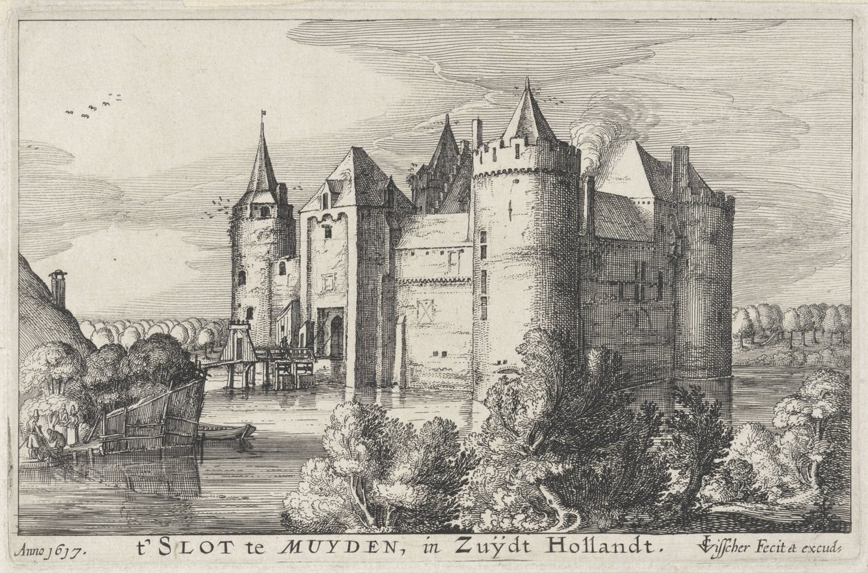 Muyden'deki Muiderslot t' Yuvasının görünümü, Zuijdt Hollandt (nesne üzerindeki başlık) Hollanda ve Utrecht'teki kaleler (dizi başlığı) by Claes Jansz. Visscher (II)