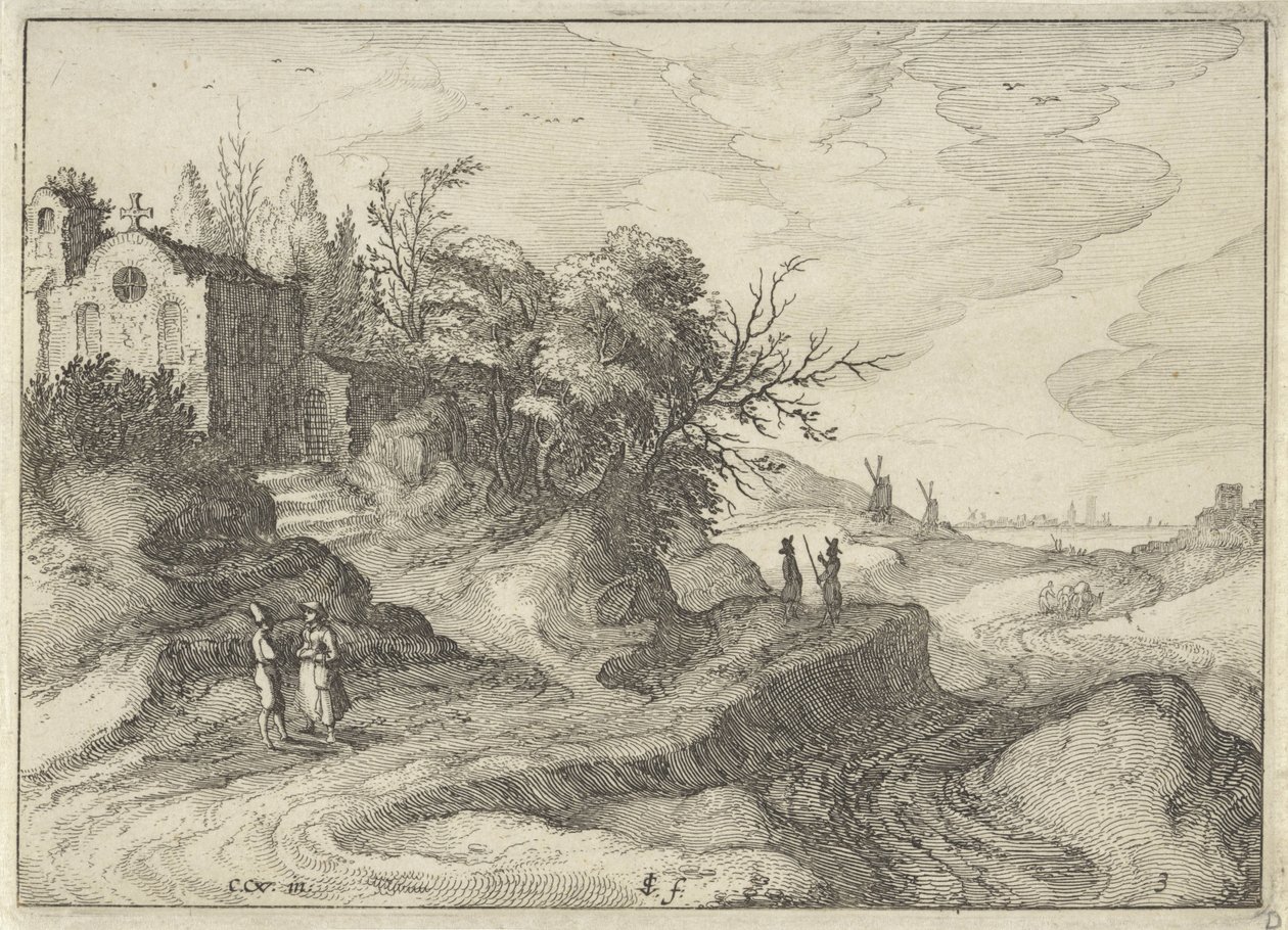 Dolambaçlı bir köy yolunda şapel Hollanda manzaraları (dizi başlığı) Amaeniores Aliquot Regiunculae (nesne üzerinde dizi başlığı) by Claes Jansz. Visscher (II)