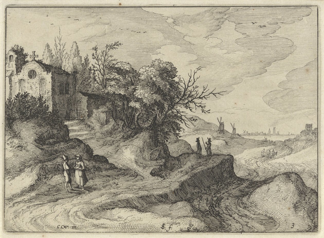 Dolambaçlı bir köy yolunda şapel Hollanda manzaraları (dizi başlığı) Amaeniores Aliquot Regiunculae (nesne üzerinde dizi başlığı) by Claes Jansz. Visscher (II)