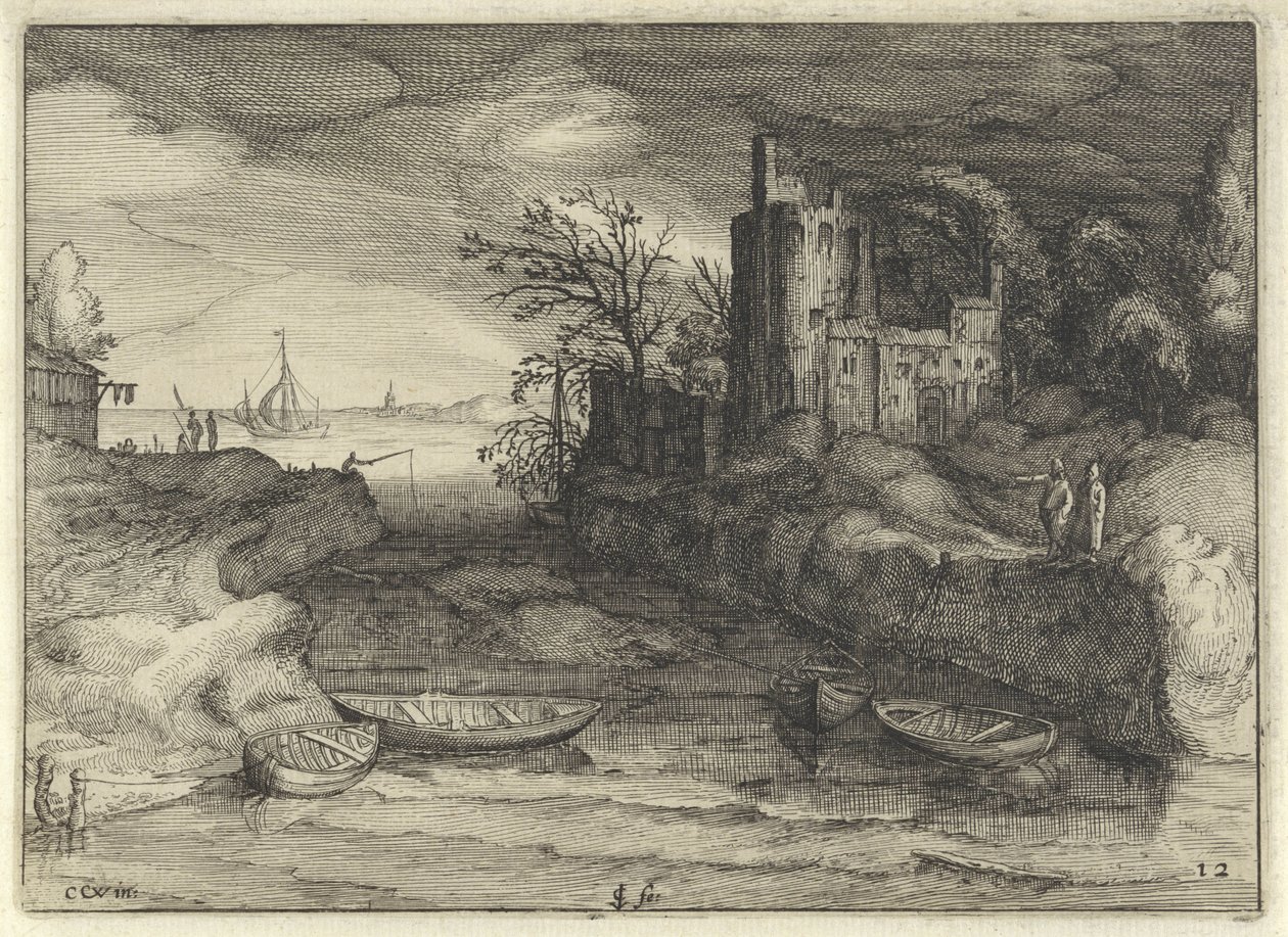 Eğimli manzara Hollanda manzaraları (dizi başlığı) Amaeniores Aliquot Regiunculae (nesne üzerinde dizi başlığı) by Claes Jansz. Visscher (II)