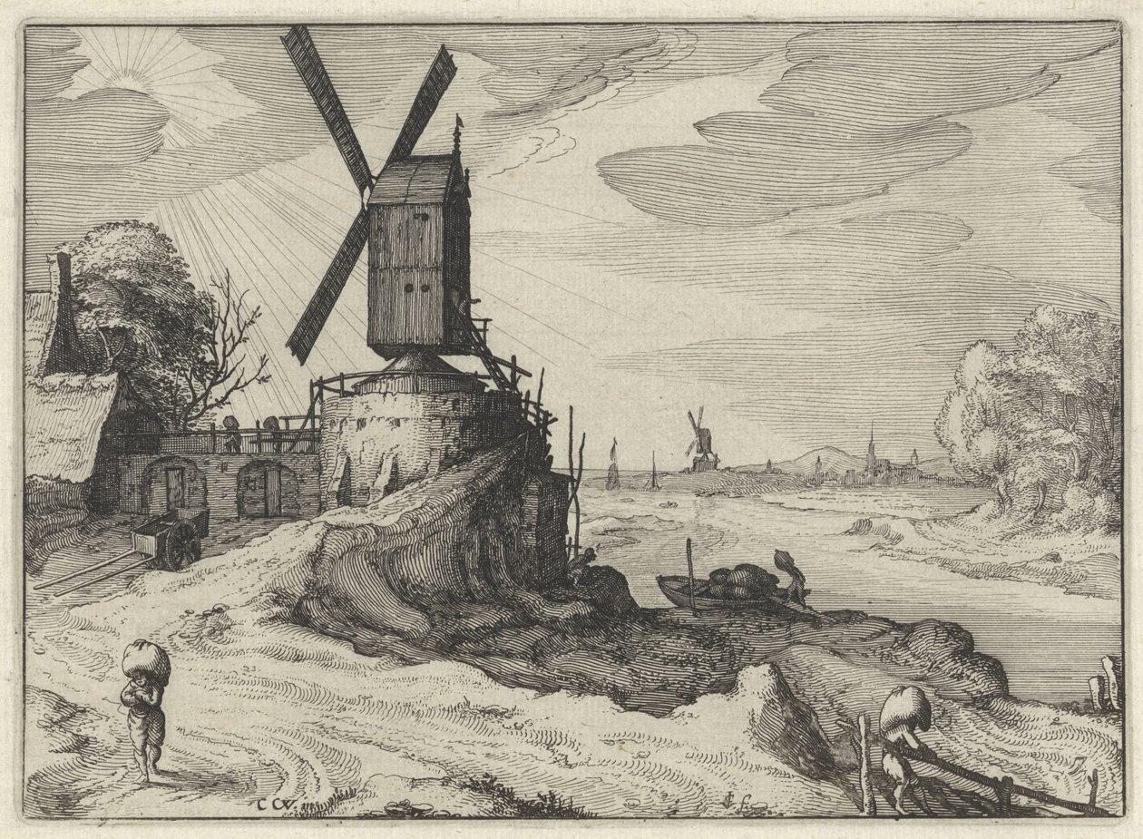 Nehir kenarındaki yel değirmeni Hollanda manzaraları (dizi başlığı) Amaeniores Aliquot Regiunculae (nesne üzerinde dizi başlığı) by Claes Jansz. Visscher (II)