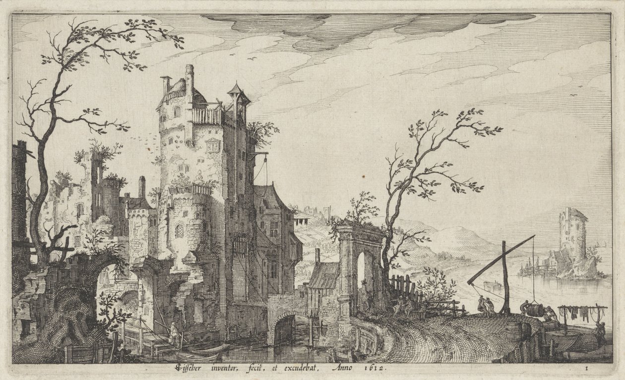 Su üzerinde harap şehir kapısı by Claes Jansz. Visscher (II)