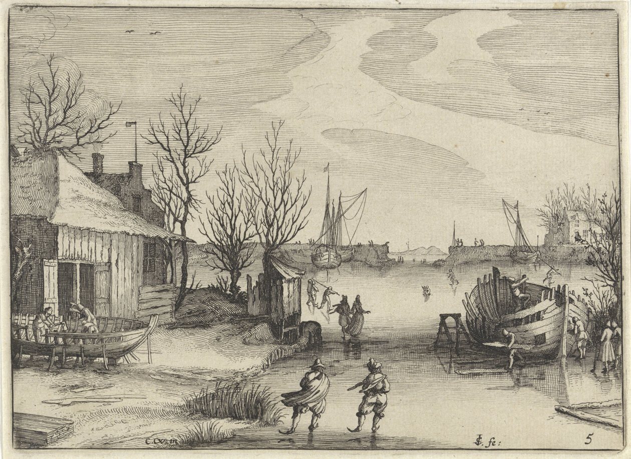 Donmuş bir kanalda tersane Hollanda manzaraları (dizi başlığı) Amaeniores Aliquot Regiunculae (nesne üzerinde dizi başlığı) by Claes Jansz. Visscher (II)