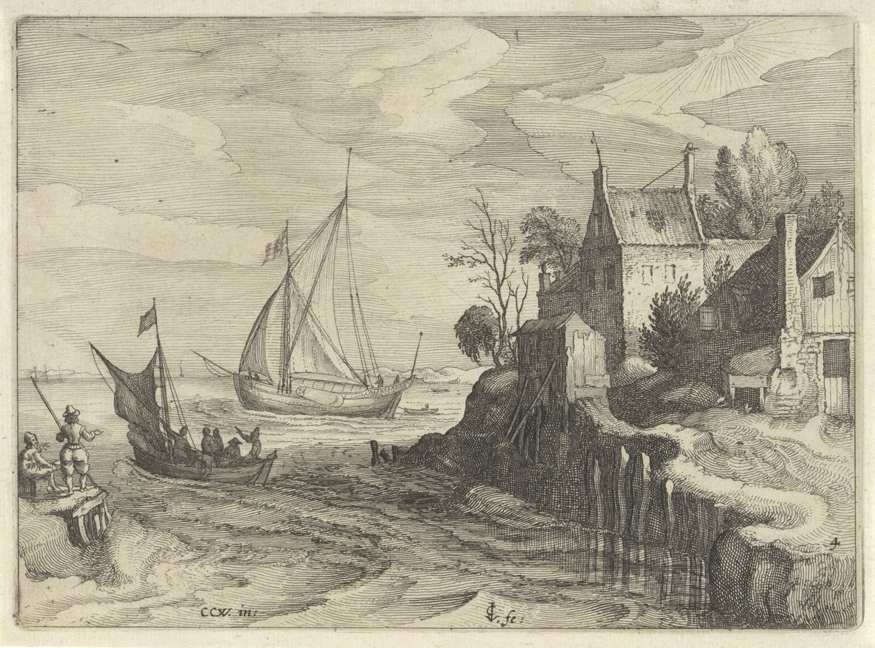Kıyıya yakın gemiler Hollanda manzaraları (dizi başlığı) Amaeniores Aliquot Regiunculae (nesne üzerinde dizi başlığı) by Claes Jansz. Visscher (II)