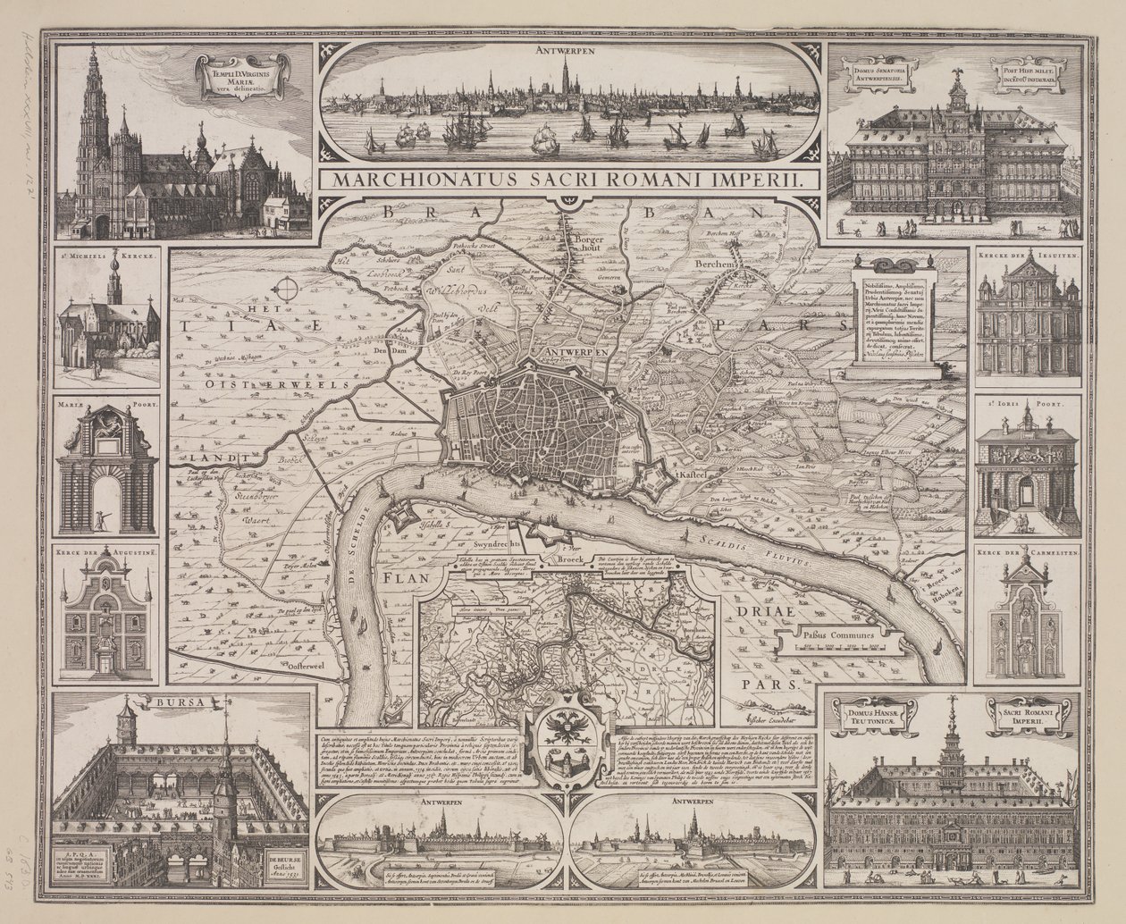şehir ve ana binaların izahname ile Antwerp Planı by Claes Jansz. Visscher