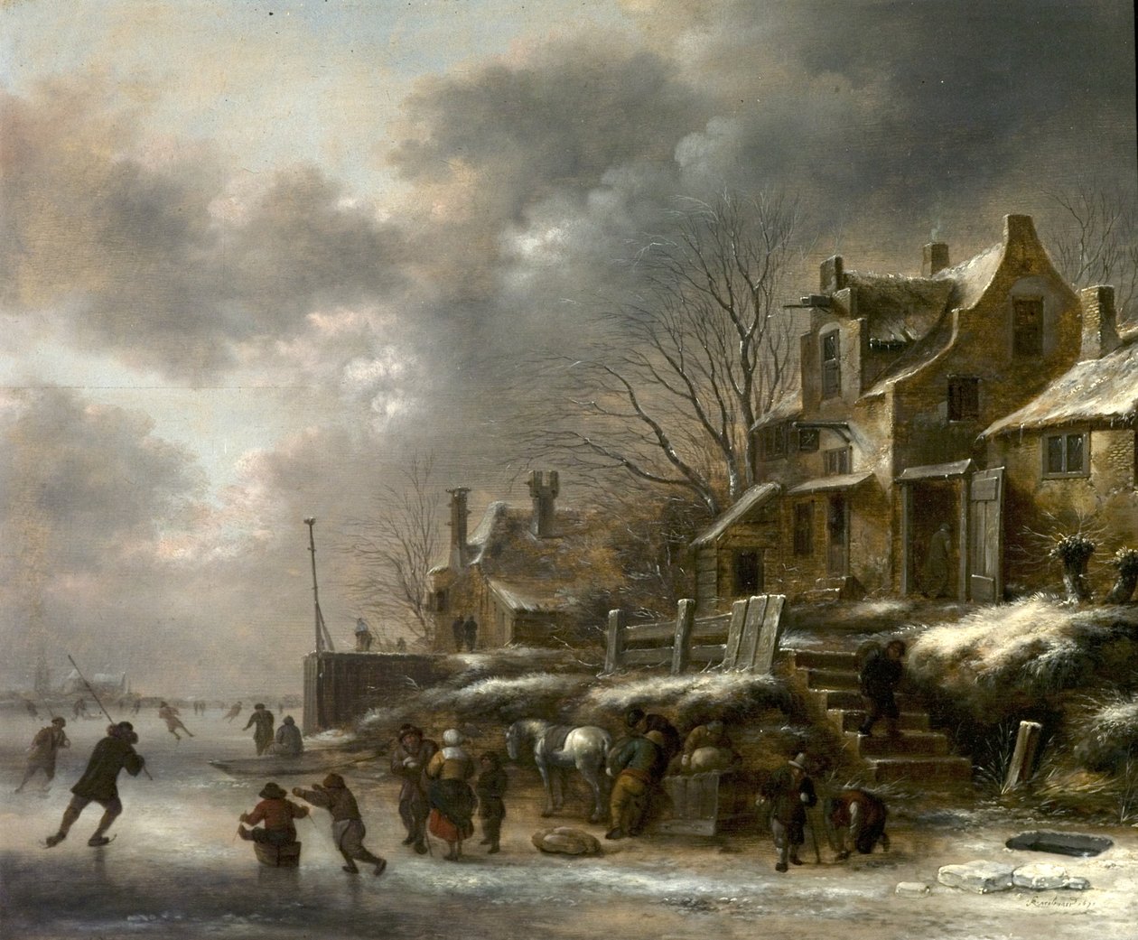 Kış Manzarası, Artistik Patinajlı Nehir, 1671 by Claes Molenaer