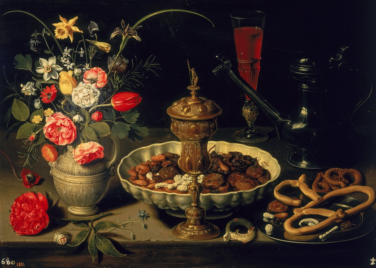 Çiçeklerin ve Kuru Meyvelerin Natürmortu, 1611 by Charlotte Evans