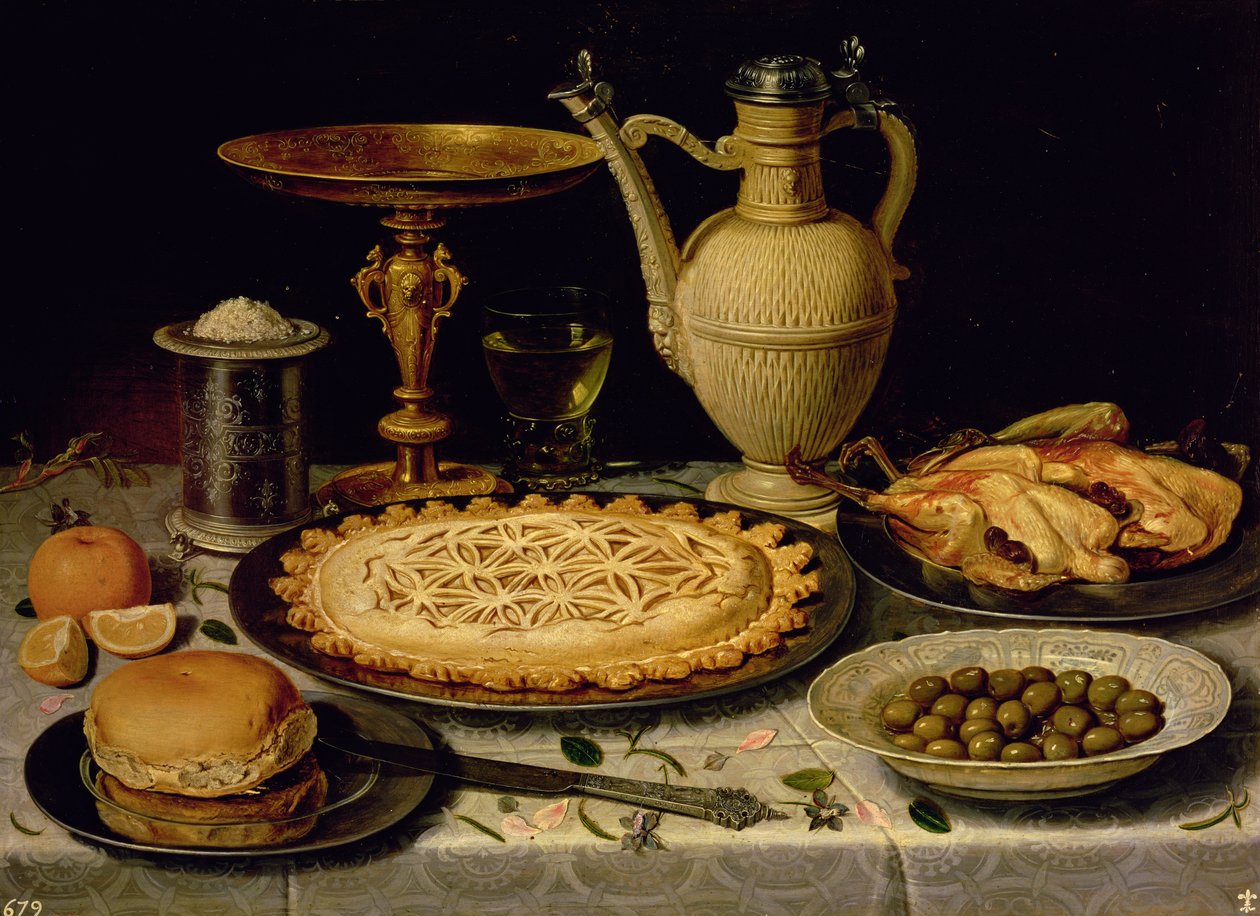 Tart, kızarmış tavuk, ekmek, pirinç ve zeytin ile natürmort by Charlotte Evans