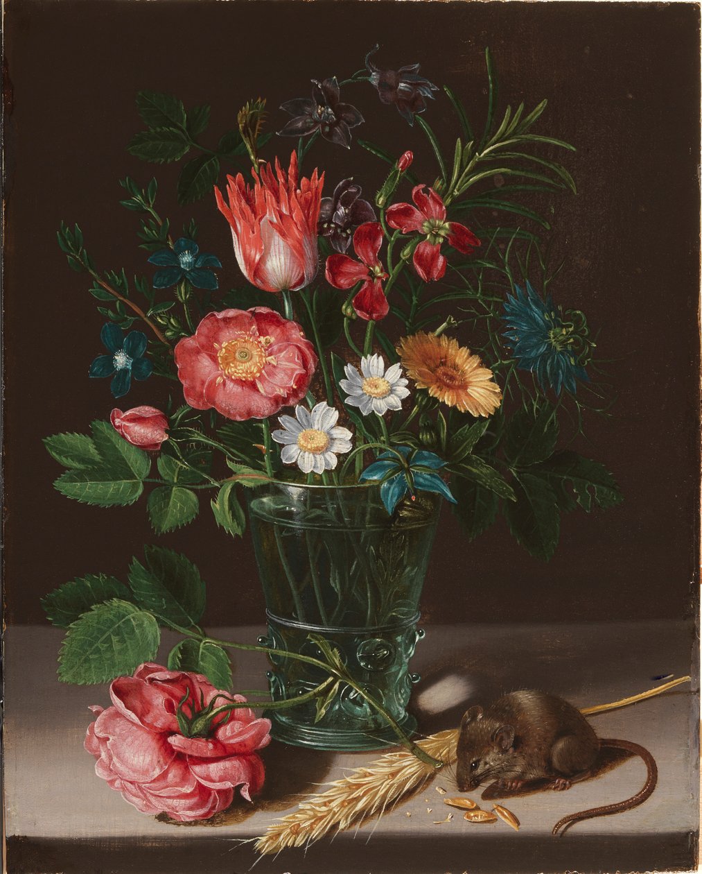 Kemiren bir fare ile bir vazoda çiçekler. by Clara Peeters