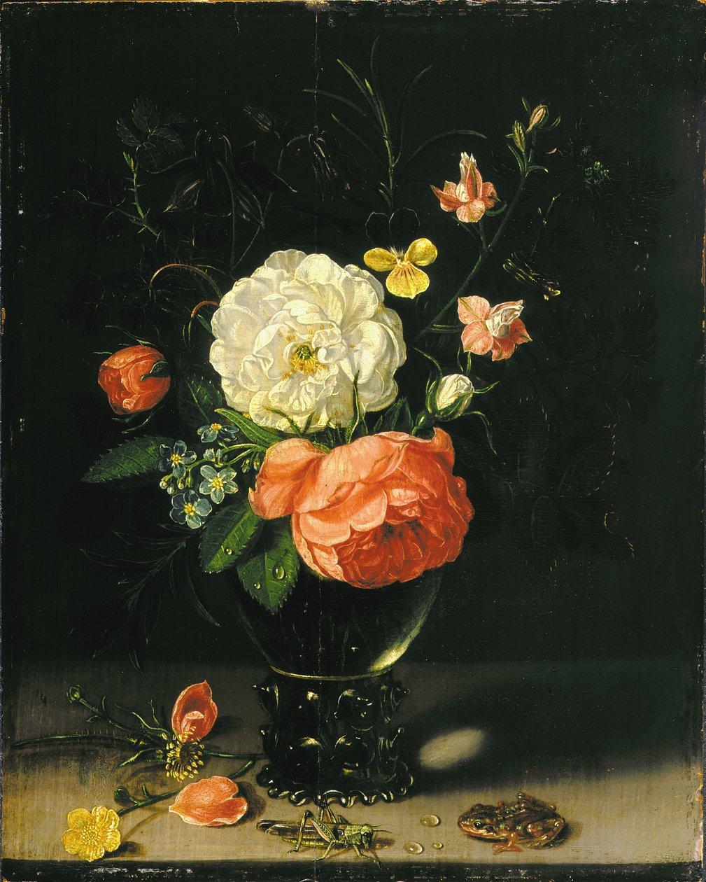 Çekirge ve kurbağa ile bir vazoda çiçekler. by Clara Peeters