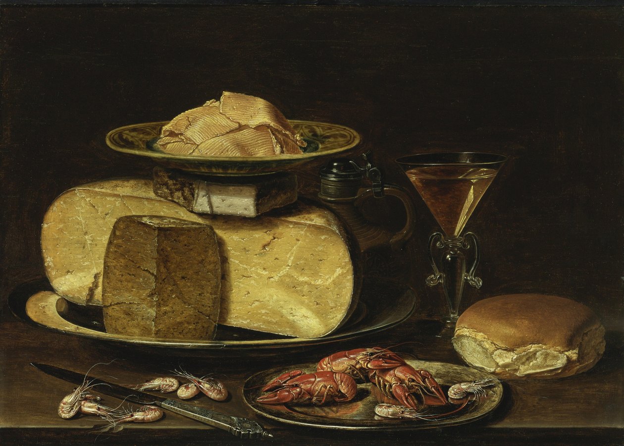 Peynirli Natürmort, Glas à la façon de Venise ve kerevit kalaylı bir tabakta by Charlotte Evans