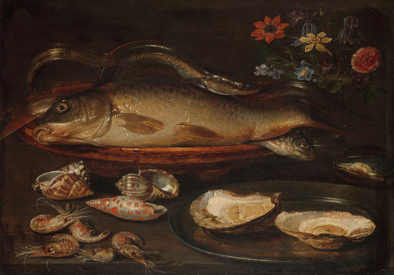 Balık, istiridye ve karides ile natürmort, c.1620-50 by Charlotte Evans