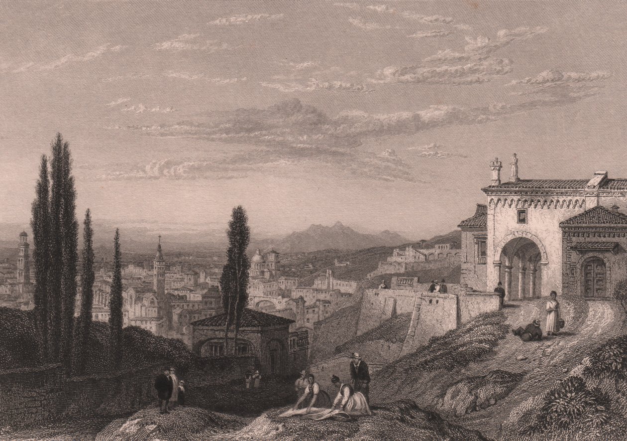 Monte, Veneto, İtalya'daki San Zeno Kilisesi'nden Verona şehrinin panoramik görünümü, Clarkson Stanfield (1793-1867) tarafından çizildikten sonra S Fisher tarafından yapılan çelik gravür, yaklaşık 14x12 cm by Clarkson Frederick Stanfield