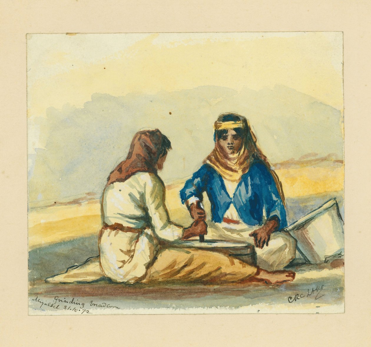 Ekmeklik mısır öğütme, 1872 (kağıt üzerine wc ve kalem) by Claude Conder