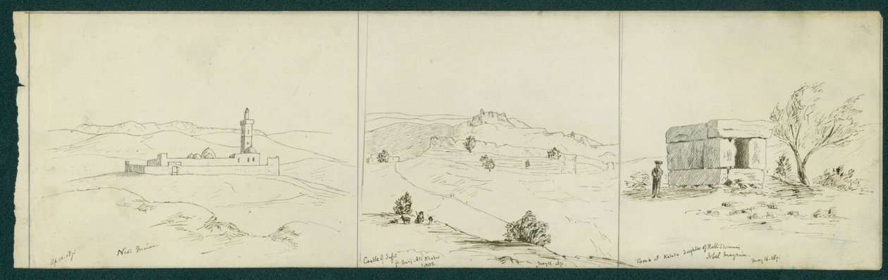 LtoR: Nebi Musa, Safet Kalesi ve Kalata Türbesi, 1871 by Claude Conder