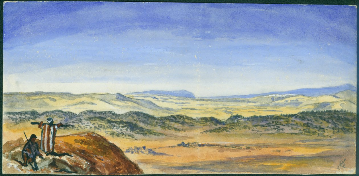 Esdraelon ve Carmel Ovası, Ras el'Akrah'dan görünüm, 1872 (kağıt üzerinde wc ve kalem) by Claude Conder