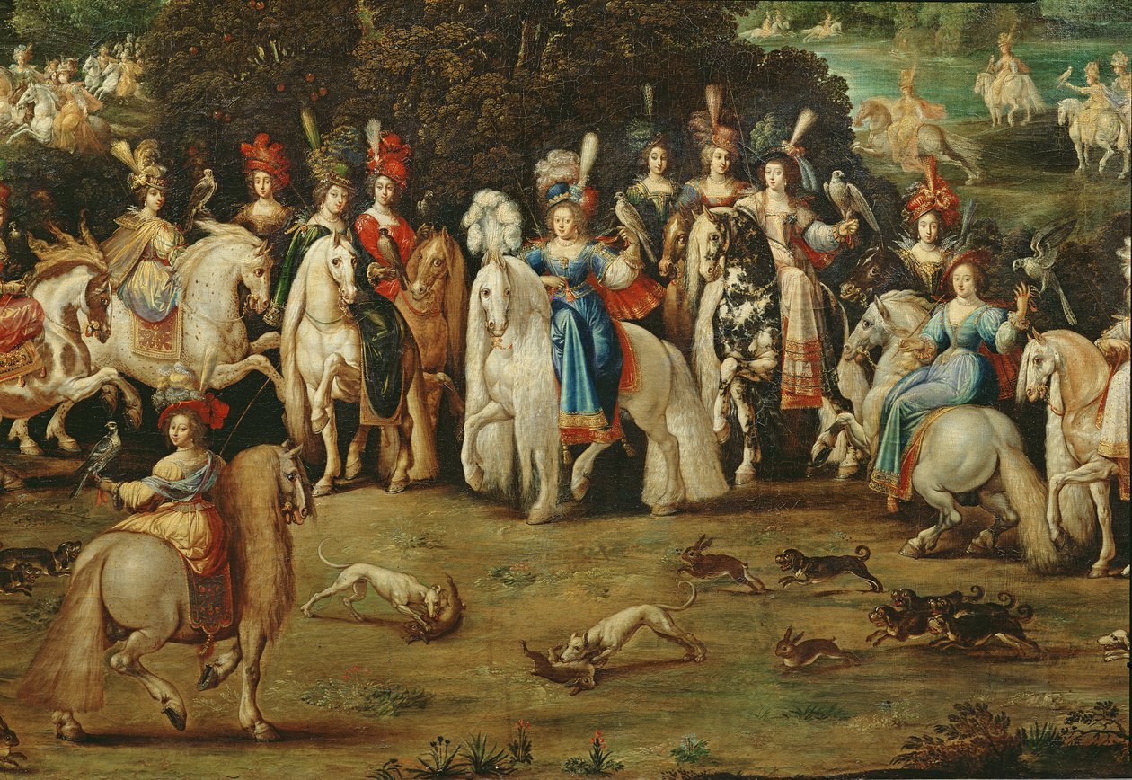 Hava, merkezde bir grup kadın ve tavşanları kovalayan köpekler detayı, c.1640-41 by Claude Deruet