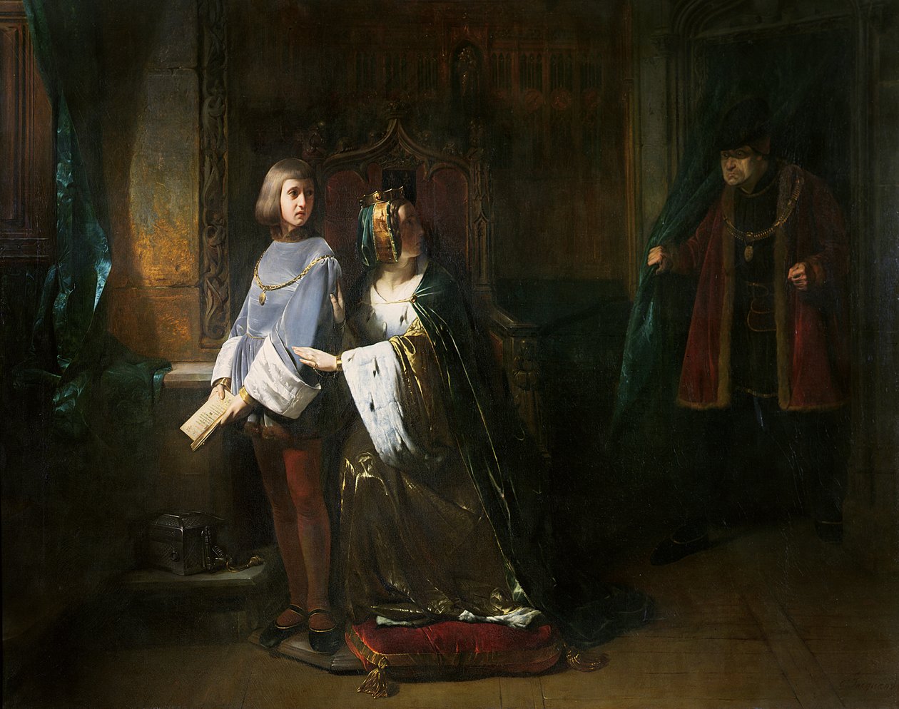 Fransa Kralı XI. Louis, Kraliçe'nin Dauphin'e iradesinin aksine talimat vermesini şaşırttı by Claude Jacquand