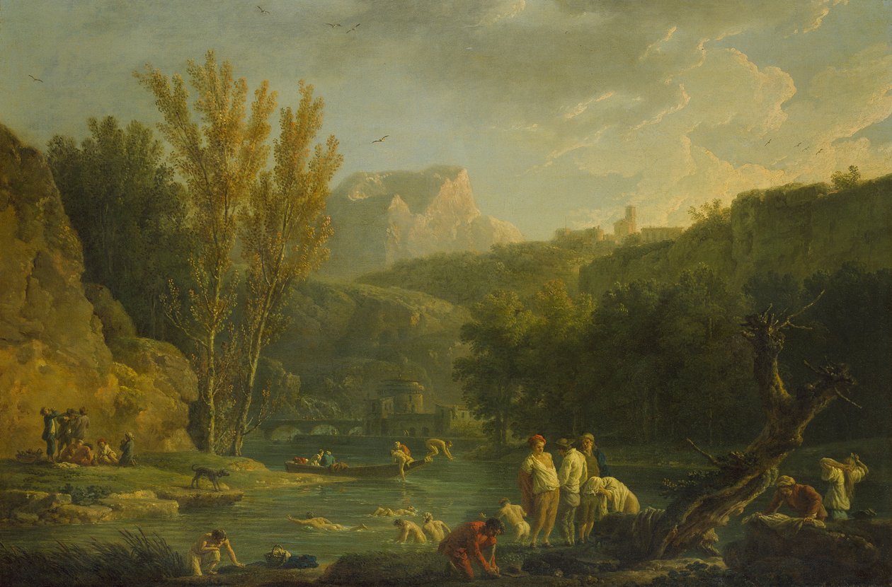 Yıkananlarla Nehir Manzarası, 18. yüzyıl by Claude Joseph Vernet