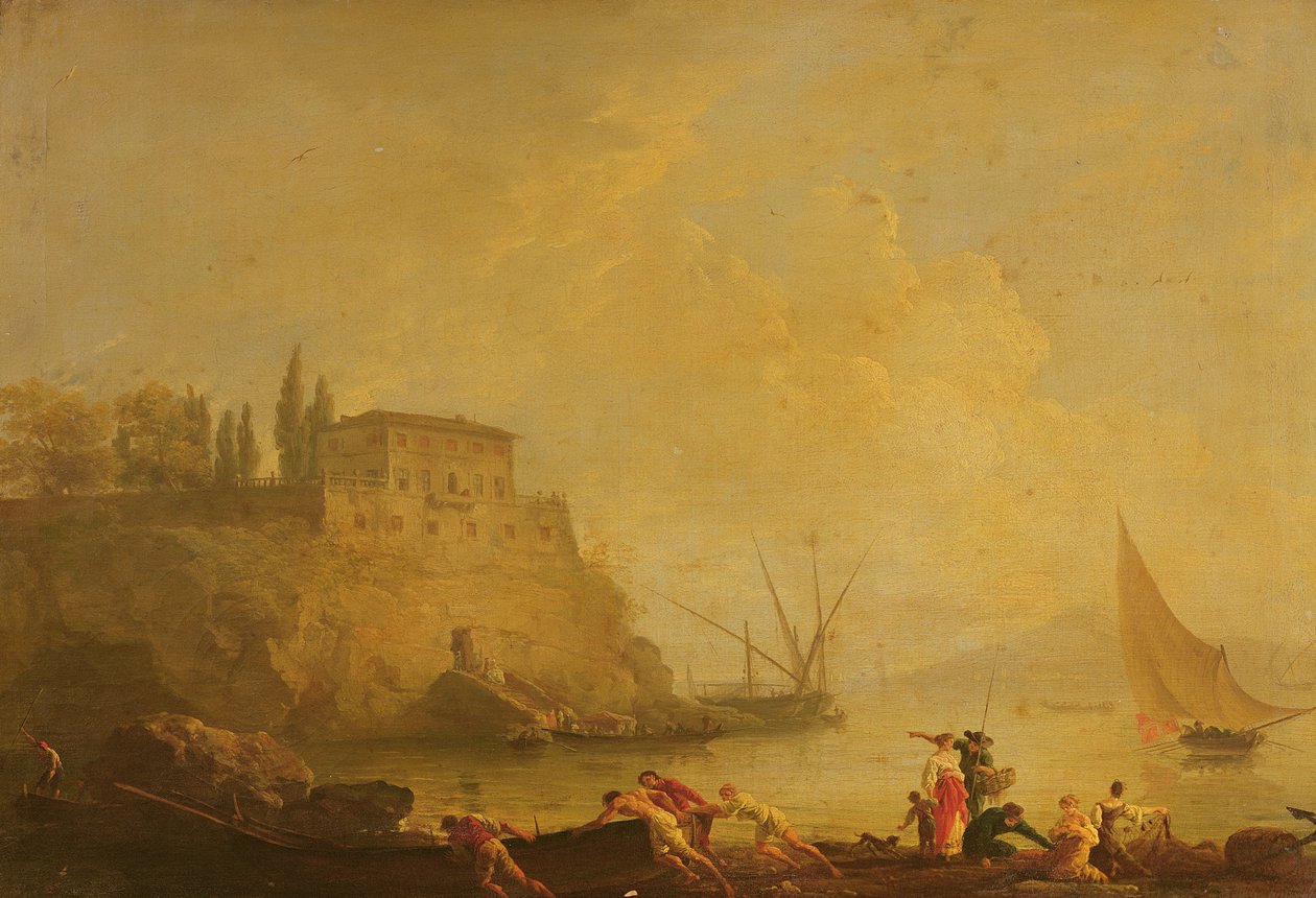 Deniz manzarası, gün batımı: balıkçılar bir tekneyi itiyor by Claude Joseph Vernet