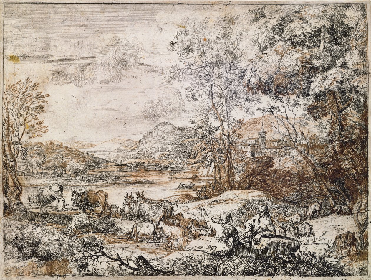 Bir Çoban ve Çoban Sohbeti (kalem, mürekkep ve kağıt üzerinde yıkama) by Claude Lorrain