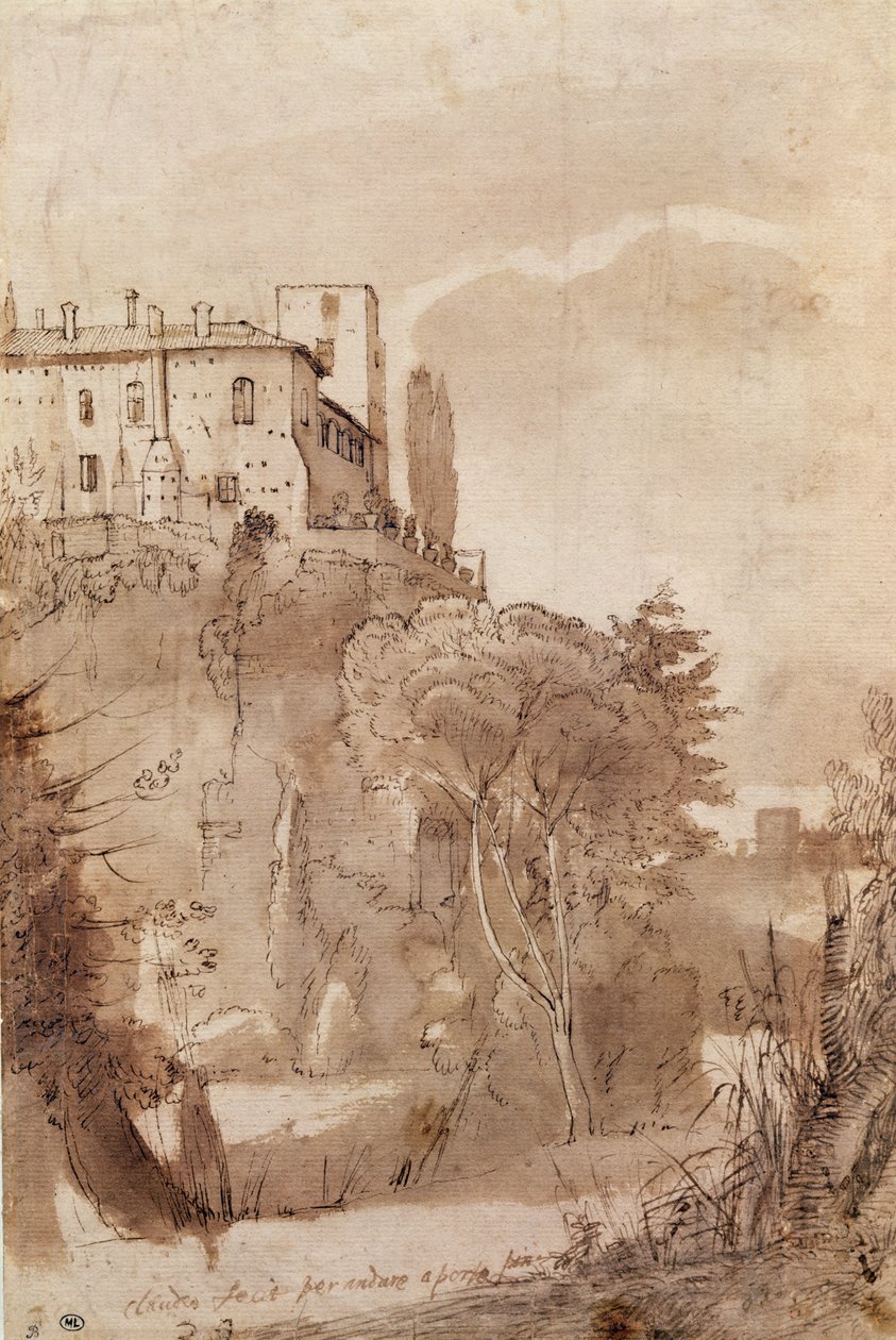 Roma surlarının dışında bir yol, c.1627-30 (kağıt üzerinde kalem ve mürekkeple yıkama) by Claude Lorrain