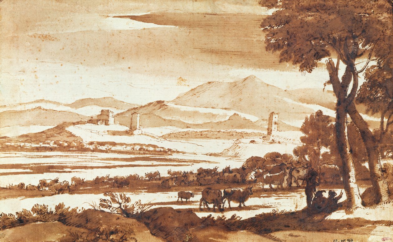 Roma Kırsal Alanının Manzarası, 1643 (kağıt üzerinde kalem ve mürekkep yıkama) by Claude Lorrain