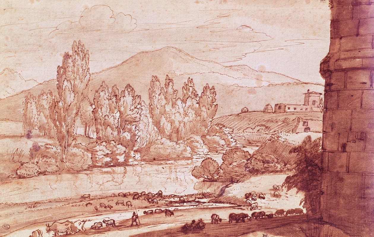 Bir nehir, bir sığır sürüsü ve bir çoban ile manzara (kalem, wc ve bistre yıkama) by Claude Lorrain
