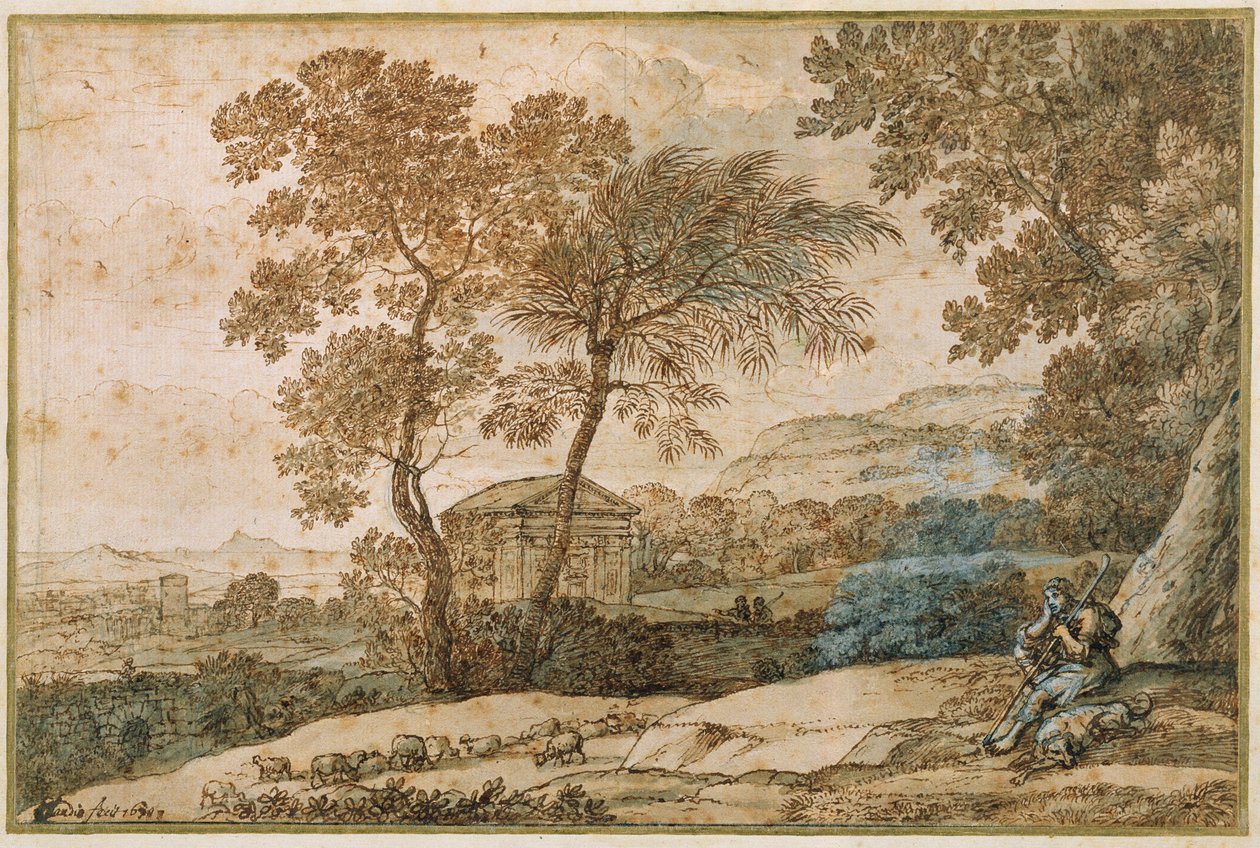 Bir çoban ve köpeği ile manzara (kağıt üzerinde kalem ve mürekkep) by Claude Lorrain