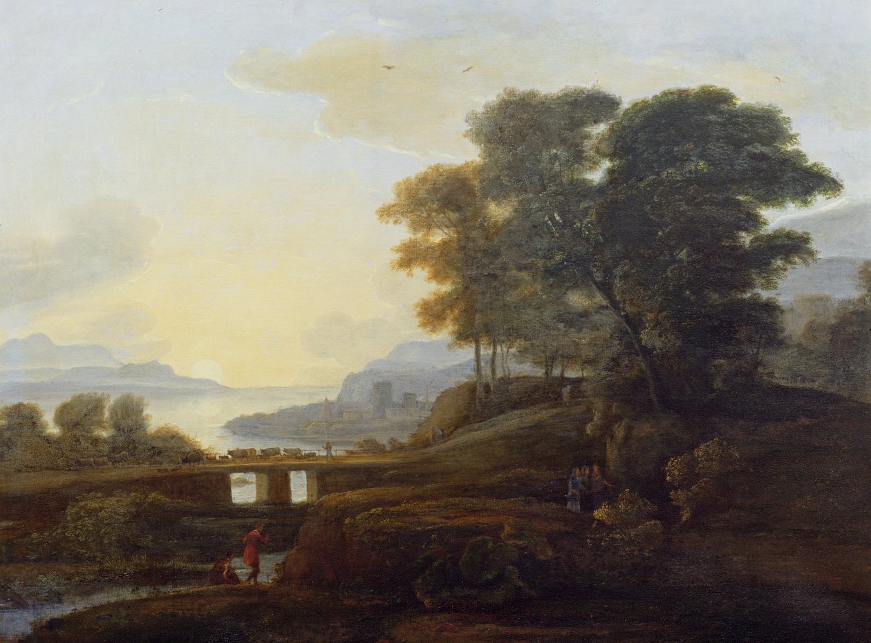 Sığır ve keçilerin köprüden geçtiği manzara by Claude Lorrain