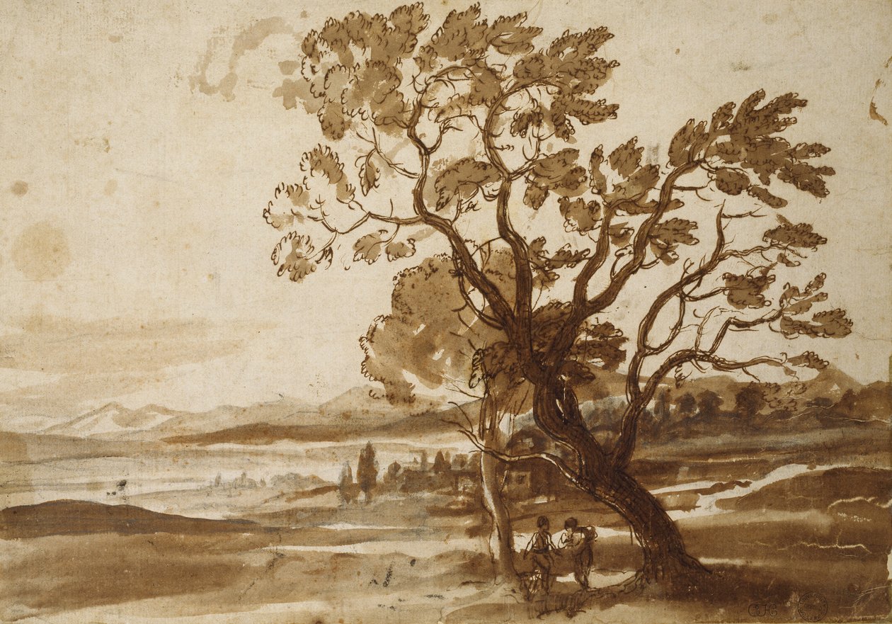 ಎರಡು ಮರಗಳಿರುವ ಭೂದೃಶ್ಯ, c.1638 (ಪೆನ್ ಮತ್ತು ಕಂದು ಶಾಯಿಯೊಂದಿಗೆ ಕಪ್ಪು ಸೀಮೆಸುಣ್ಣ ಮತ್ತು ಬಿಳಿ ಕಾಗದದ ಮೇಲೆ ಕಂದು ಬಣ್ಣ) ಟರ್ಕಿ by Claude Lorrain
