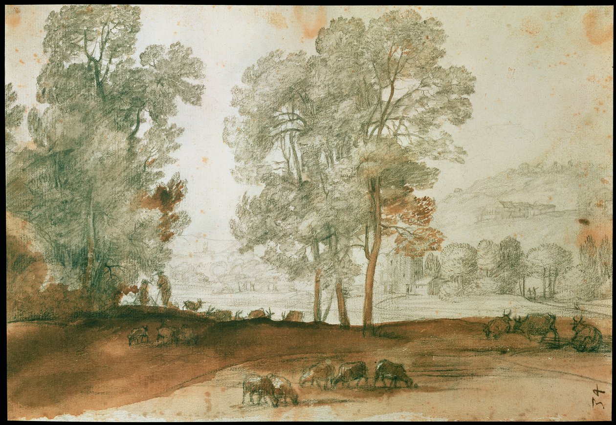 Pastoral Manzara (siyah tebeşir ve kağıt üzerinde yıkama) by Claude Lorrain