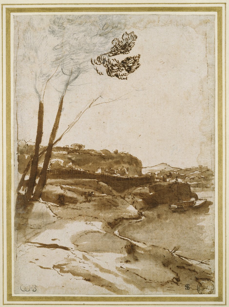 Tiber boyunca uzanan yol, c.1635-40 (kalem ve kahverengi mürekkepli siyah tebeşir ve beyaz kağıt üzerinde kahverengi astar) by Claude Lorrain