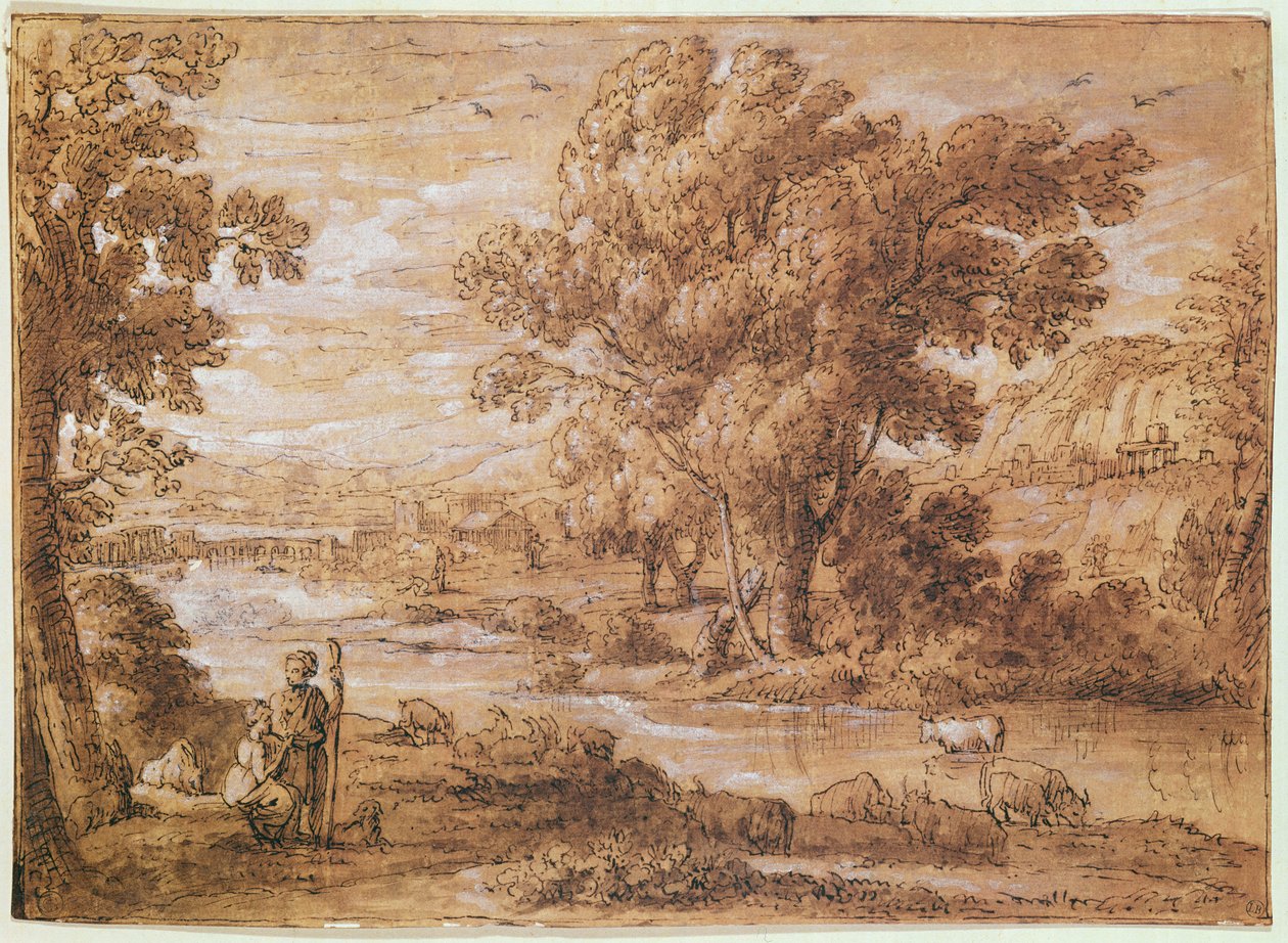Çoban ve Çoban (kalem, sulu boya ve bistre yıkama) by Claude Lorrain