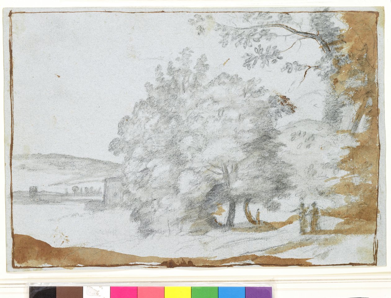Ağaçlarla dolu güneşli bir manzara (kağıt üzerinde siyah tebeşir ve kahverengi yıkama) by Claude Lorrain