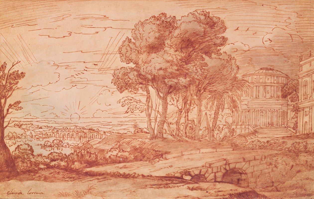Delos adasındaki Apollon Tapınağı, c.1648 (kalem, yıkama ve bistre mürekkep) by Claude Lorrain