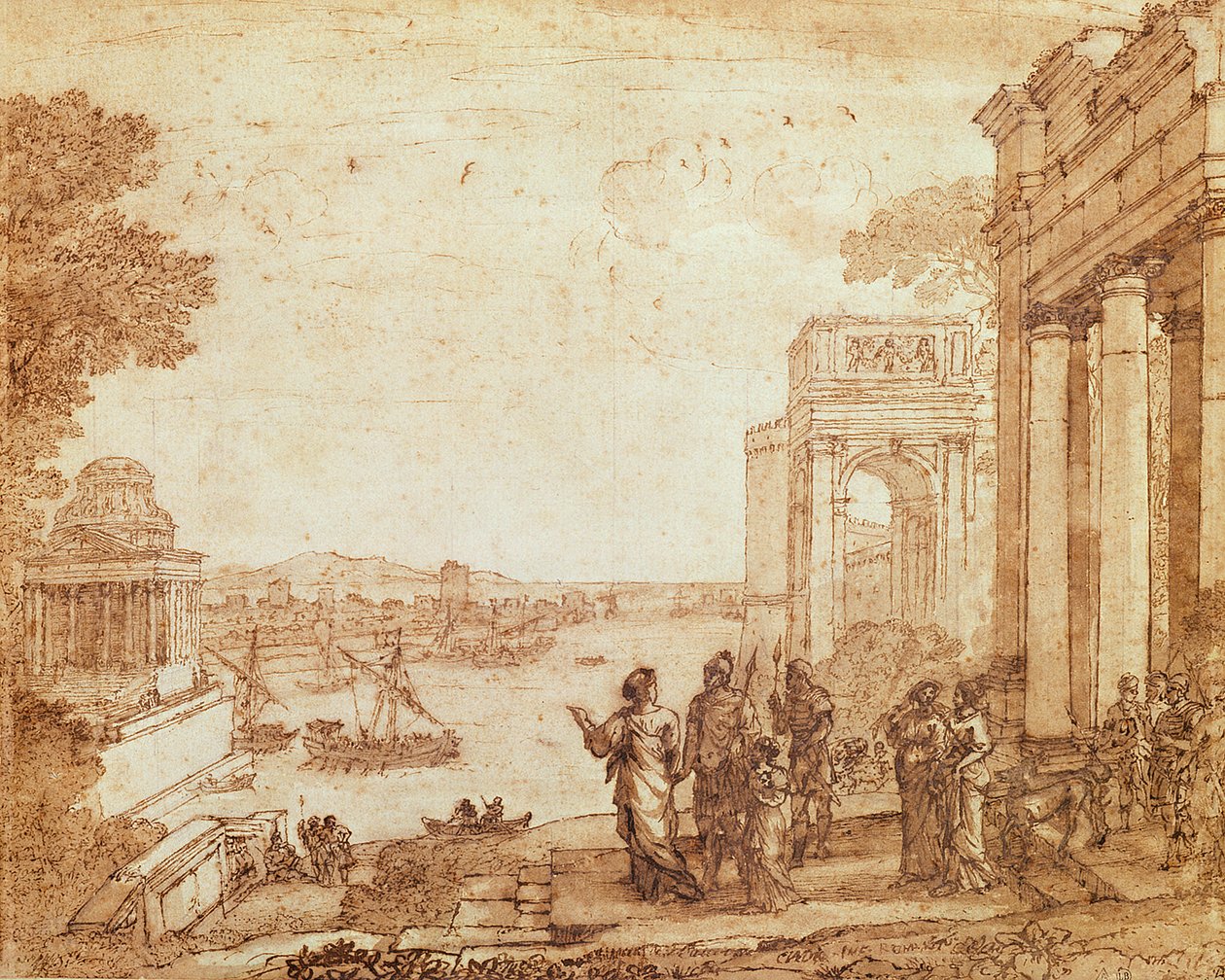 Dido ve Aeneas ile Kartaca görünümü (kalem, sulu boya ve bistre yıkama) by Claude Lorrain