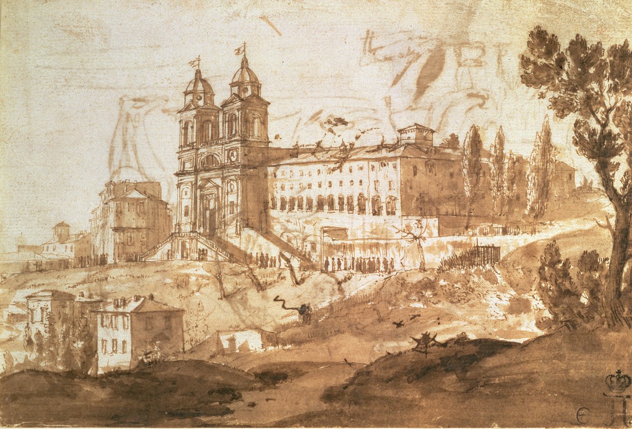 S. Trinita dei Monti Kilisesi'nin görünümü, Roma, c.1632 (kahverengi cilalı kalem ve mürekkep) by Claude Lorrain