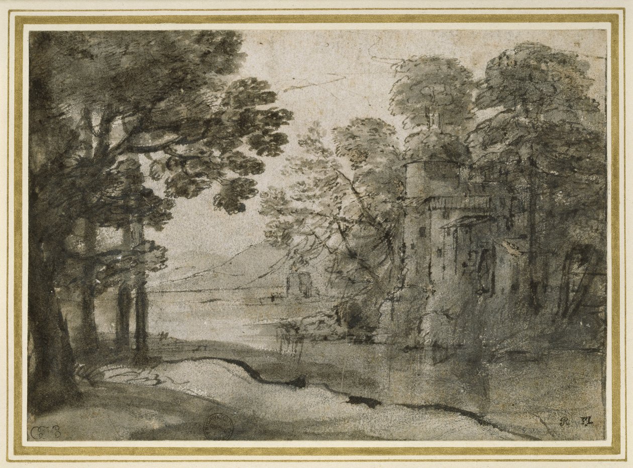 Ağaçlar Arasında Su Değirmeni, c.1635-38 (beyaz kağıt üzerine siyah tebeşir üzerine gri astarlı kalem ve siyah mürekkep) by Claude Lorrain