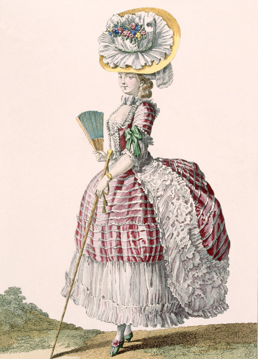 Polonez tarzı bir elbise giymiş bayan, Dupin tarafından oyulmuş, 'Galeries des Modes et Costumes Francais'den 82 numaralı plaka, c.1778-87 by Claude Louis Desrais