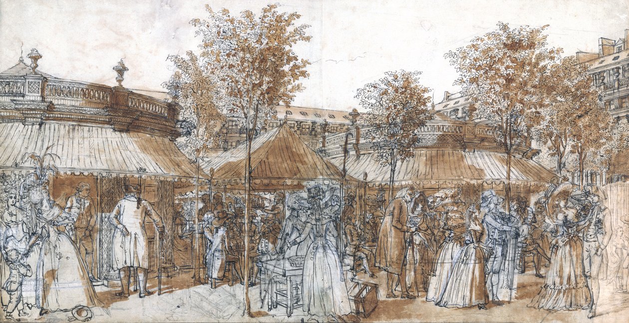 Palais Royal Garden Walk in 1787 (kağıt üzerine kalem ve kahverengi mürekkep) by Claude Louis Desrais