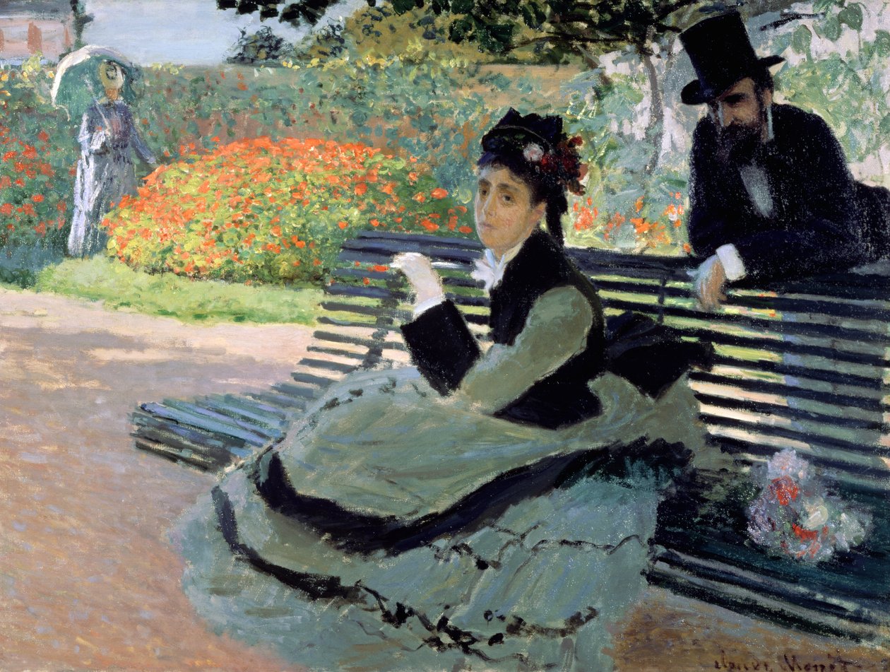 Madam Monet bir bahçe bankında by Claude Monet